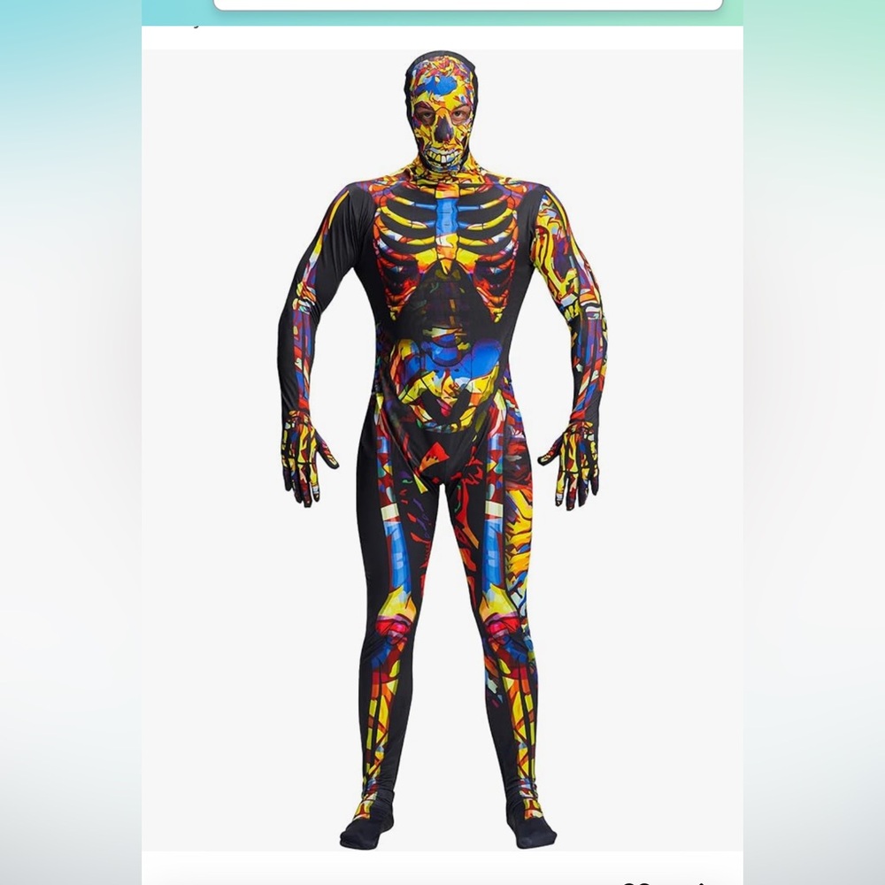 Men Skeleton Costume, Bones Jumpsuit with Hooded Mask Bodysuit